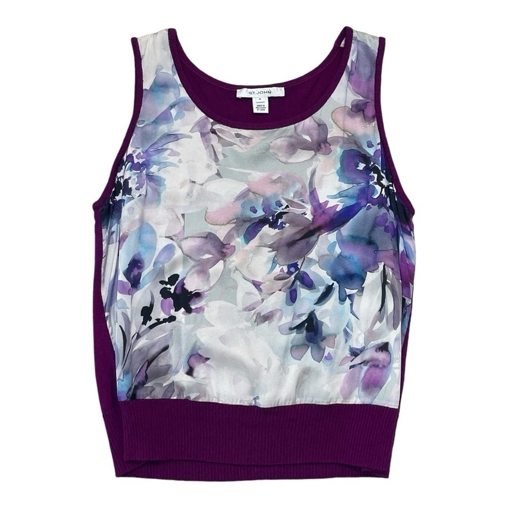 ST. JOHN Luxury floral tank top with purple trim Women’s SZ M